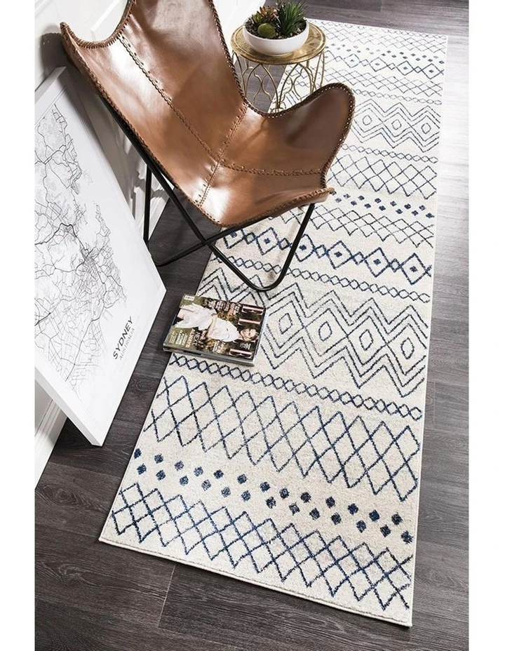 Rug Culture Oasis Nadia White Blue Rustic Tribal Runner Rug 5 Rug Culture Oasis Nadia White Blue Rustic Tribal Runner Rug - Image 5