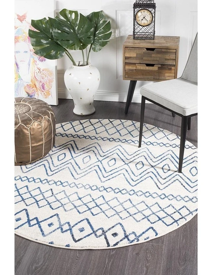 Rug Culture Oasis Nadia White Blue Rustic Tribal Round Rug 2 Rug Culture Oasis Nadia White Blue Rustic Tribal Round Rug - Image 2