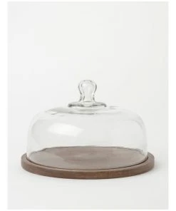 Heritage Walnut Look Large Glass Dome Wood Board 30 Rnd x21.5cm