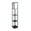 Sarantino Etagere Floor Lamp Shelves Black Frame Tapered Linen Brown Fabric Shade Stand