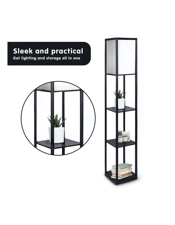 Sarantino Etagere Floor Lamp Shelves Black Frame Tapered Linen Brown Fabric Shade Stand 2 Sarantino Etagere Floor Lamp Shelves Black Frame Tapered Linen Brown Fabric Shade Stand - Image 2