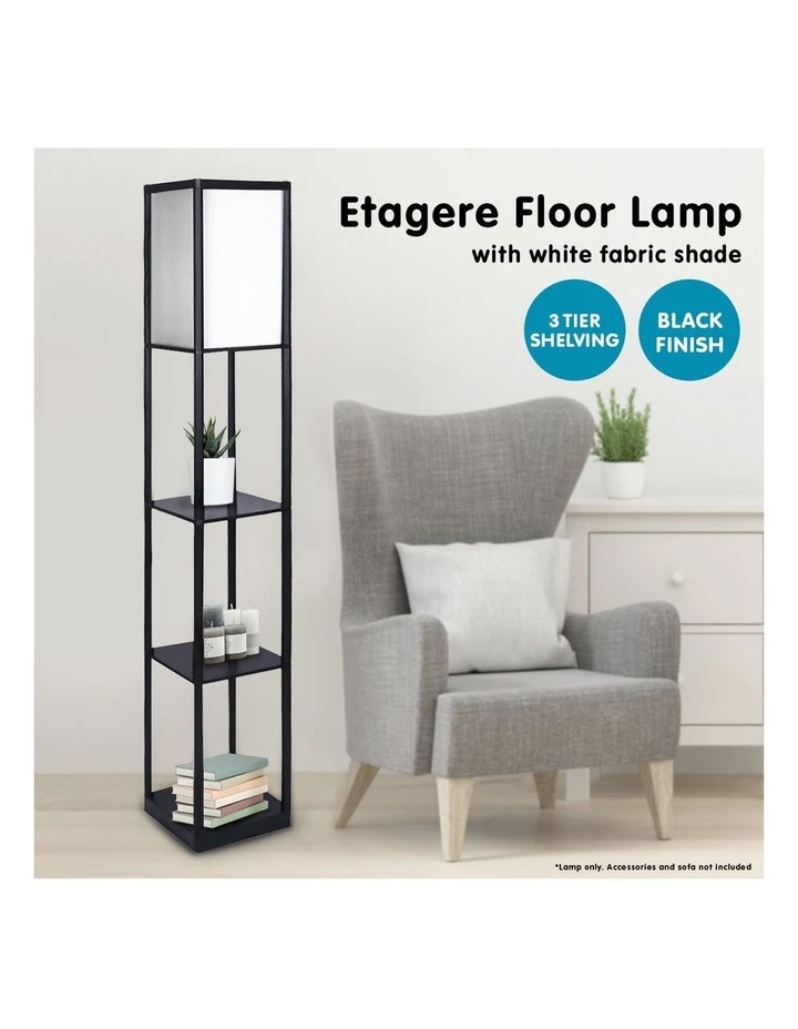 Sarantino Etagere Floor Lamp Shelves Black Frame Tapered Linen Brown Fabric Shade Stand 6 Sarantino Etagere Floor Lamp Shelves Black Frame Tapered Linen Brown Fabric Shade Stand - Image 6