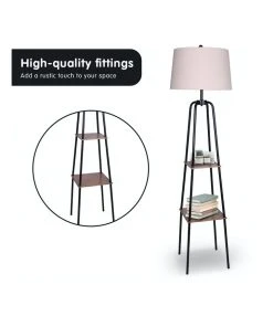 Sarantino Etagere Floor Lamp Shelves Black Frame Round Linen White Fabric Shade Stand -The Shine Nook Sales Store 828975430 4 720x928