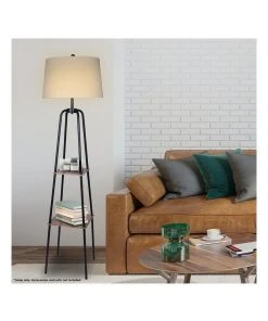 Sarantino Etagere Floor Lamp Shelves Black Frame Round Linen White Fabric Shade Stand -The Shine Nook Sales Store 828975430 5 720x928