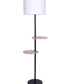 Sarantino Metal Floor Lamp Stand With Black Post In Round Shade Wooden Shelves White