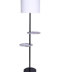 Sarantino Metal Floor Lamp Stand Black Post In Round Shade Marble Finish Shelves White