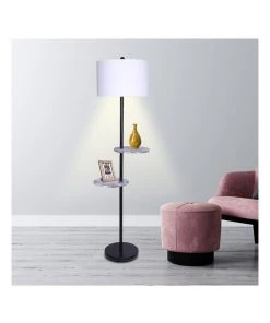 Sarantino Metal Floor Lamp Stand Black Post In Round Shade Marble Finish Shelves White -The Shine Nook Sales Store 828975970 5 720x928