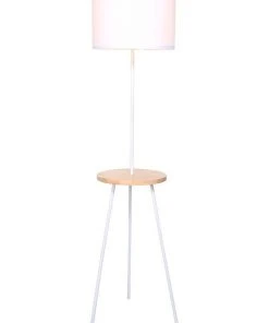 Sarantino Metal Floor Lamp Stand Tripod In Round Shade Wooden Table Shelf White