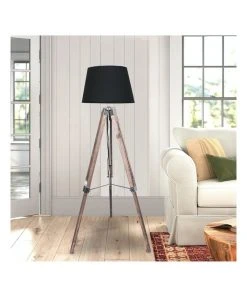 Sarantino Solid Wood Tripod Floor Lamp Adjustable Height Stand Black Linen Round Shade -The Shine Nook Sales Store 828976150 6 720x928