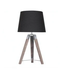 Sarantino Wooden Tripod Table Lamp With Black Linen Taper Fabric Round Shade Reading Light