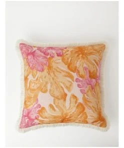 Vue Calido Leaf Print With Fringe Cushion Pink