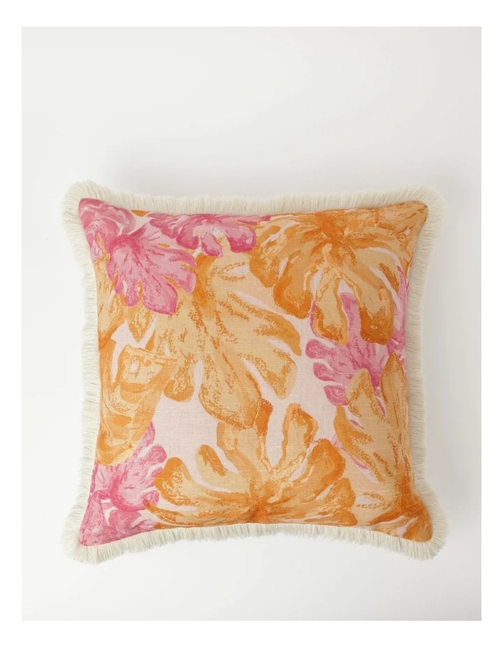 Vue Calido Leaf Print With Fringe Cushion Pink 1 Vue Calido Leaf Print With Fringe Cushion Pink
