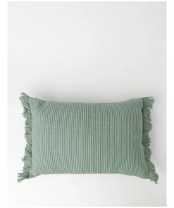 Australian House & Garden Coachwood Ribbed Cotton Woven Cushion w/ Fringe in Eucalyptus