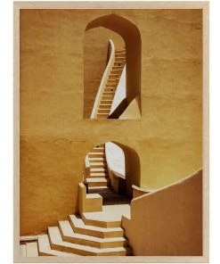 Urban Road Winding Staircase Mustard Print Oak Frame